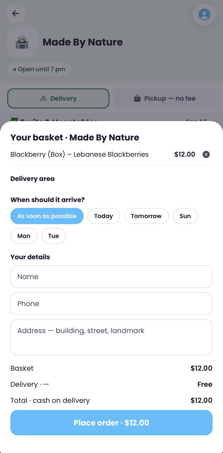 Checkout â Dekken basket with delivery or pickup, arrival day and cash on delivery