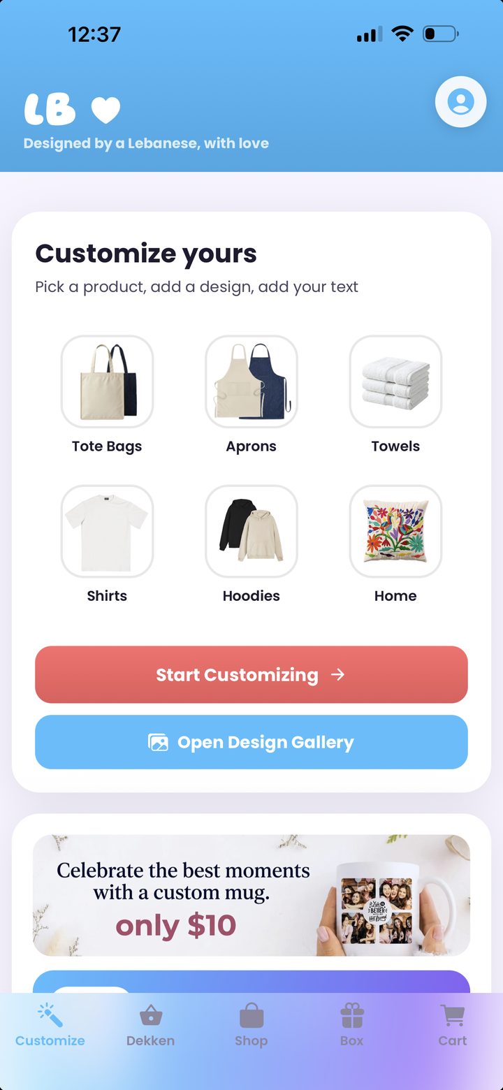 Customize tab â pick a product, add a design, add your text