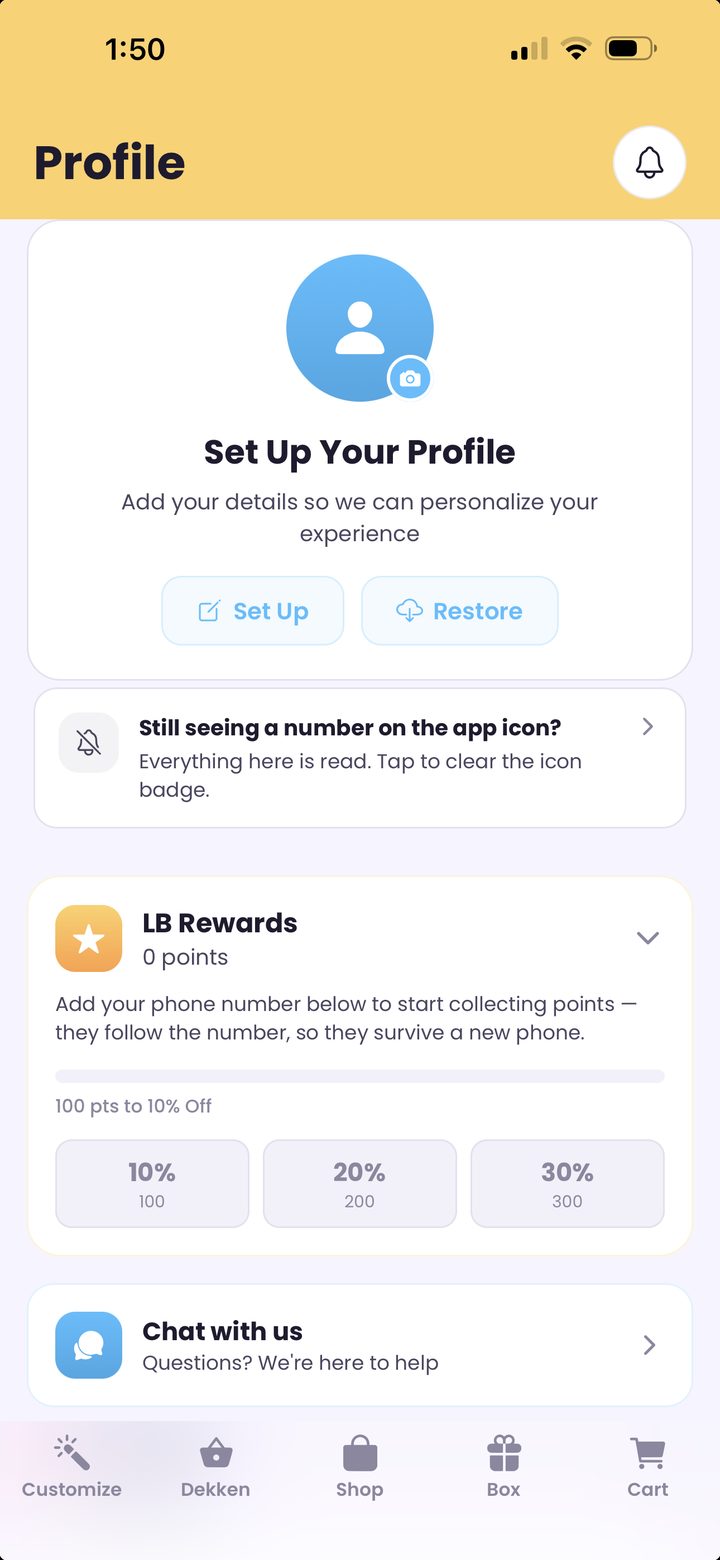 Profile tab â set up, notifications, LB Rewards points, chat
