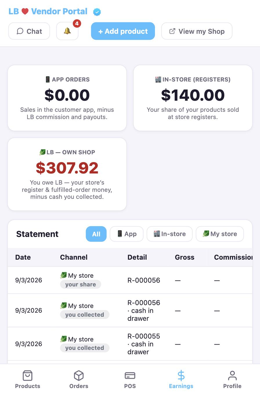 Earnings tab in the vendor portal