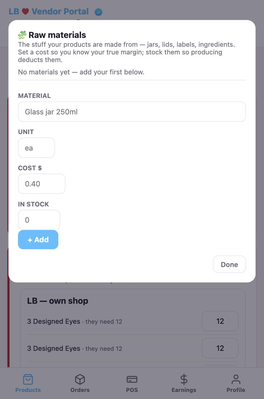 Materials and recipe in the vendor portal
